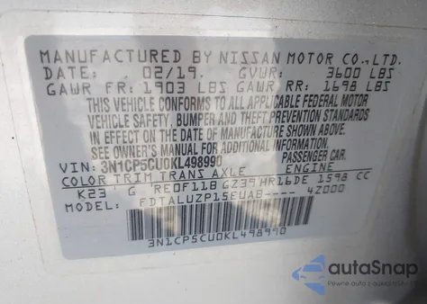 2019 Nissan Kicks Sr из США, поврежденный, VIN 3N1CP5CU0KL498990